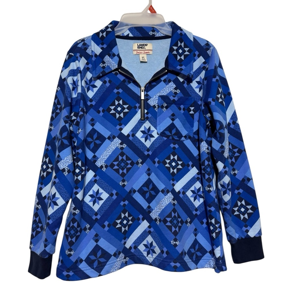 Lands End Patchwork Quilt Quarter Zip Pullover Sweatshirt Size M Blue Granny